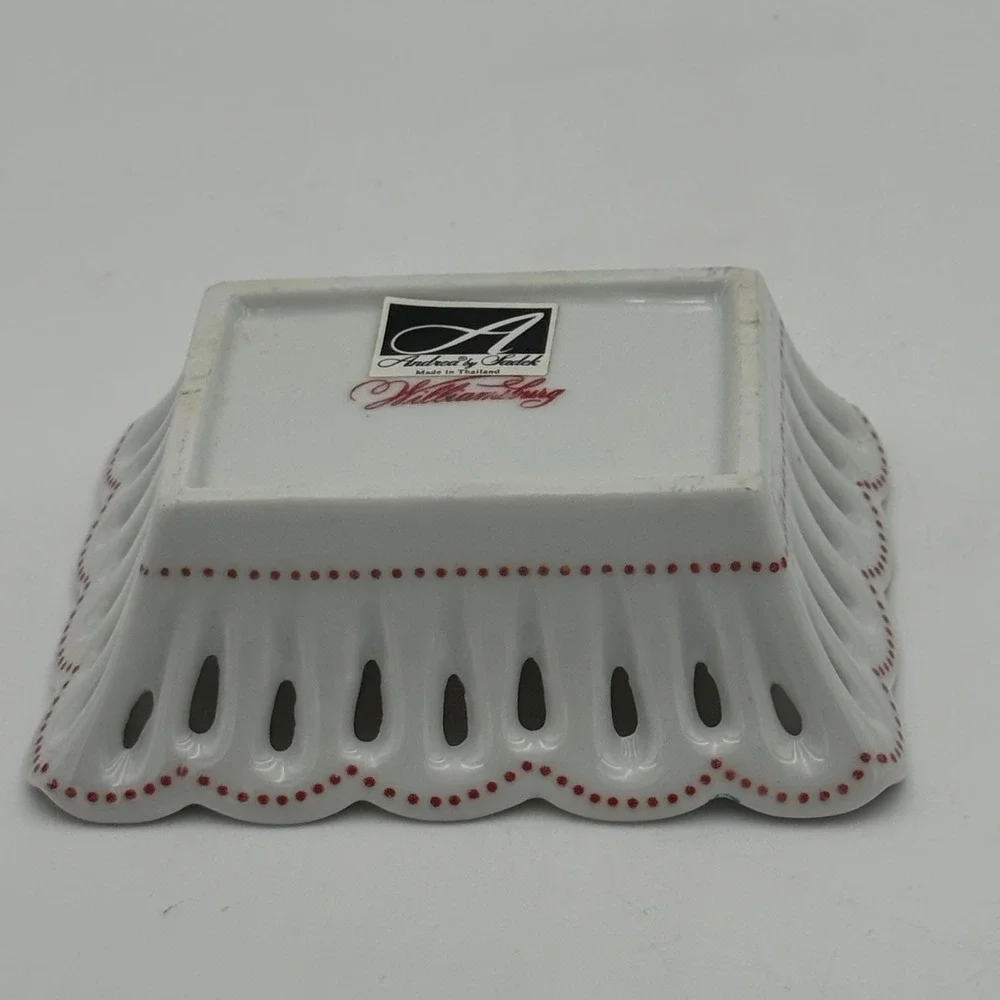 Andrea by Sadek Williamsburg Reticulated Porcelain Trinket Dish White Red Dot